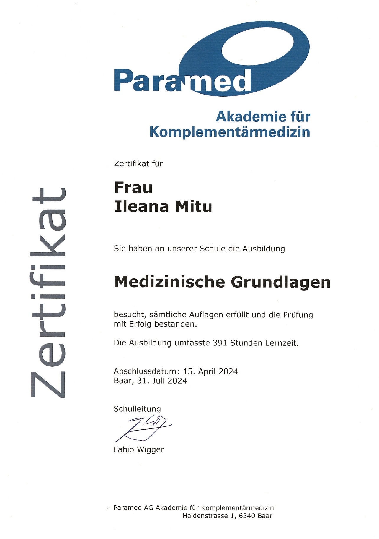 Zertifikat Medizinische Grundlagen der Paramed Akademie für Komplementärmedizin, ausgestellt für Ileana-Nicoleta Mitu